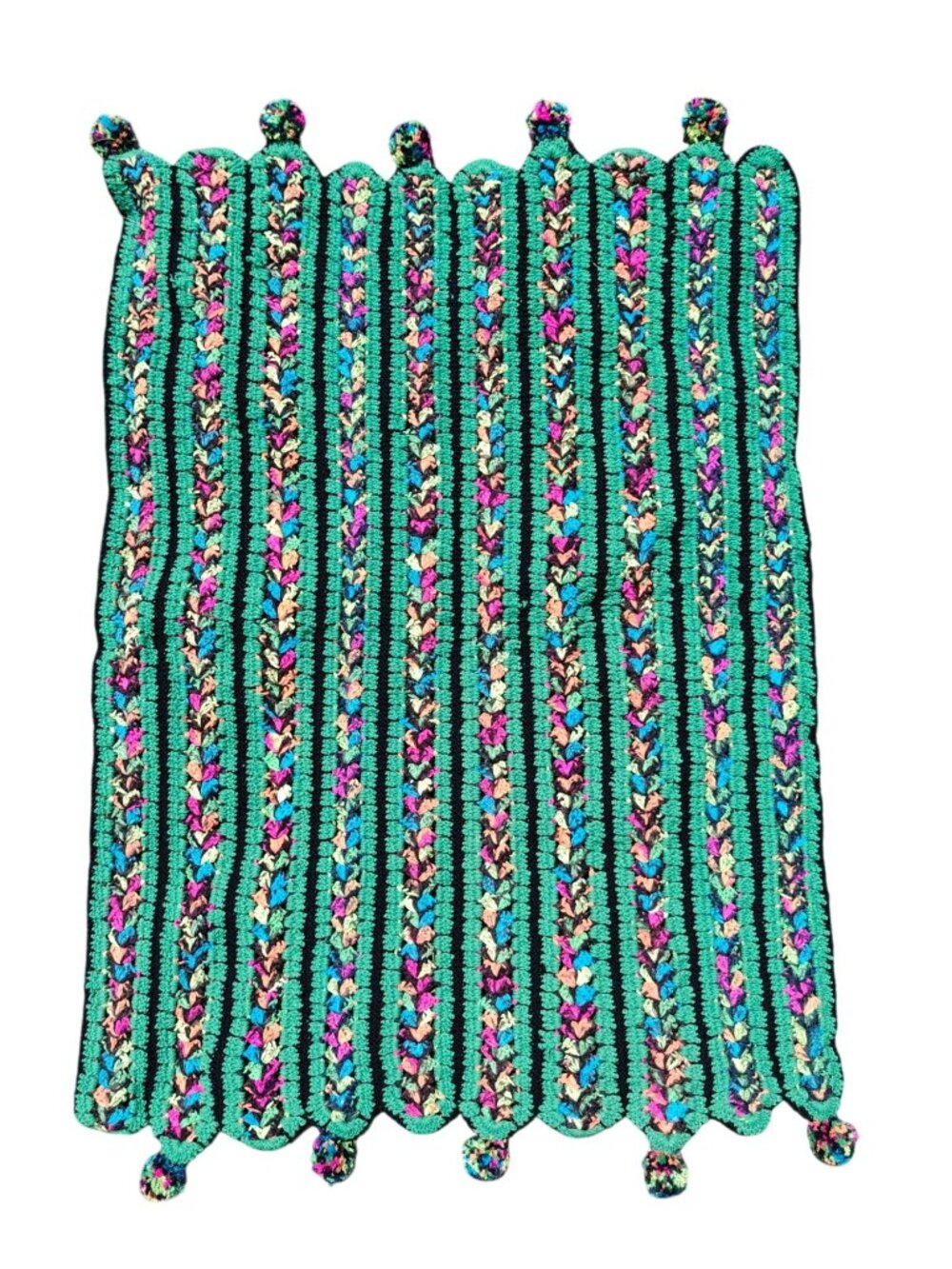 Vintage Handmade Crochet Afghan Throw Blanket Green Multicolor Striped Pom-Pom